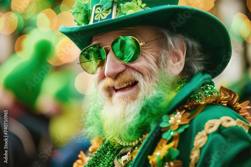 Cool old man, leprechaun with sunglasses on Saint Patrick´s Day