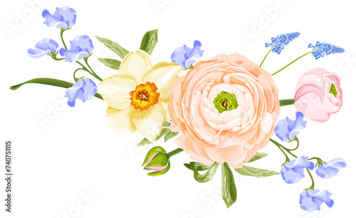 Spring bouquet with pink ranunculus, narcissus, blue hyacinth and sweet pea.