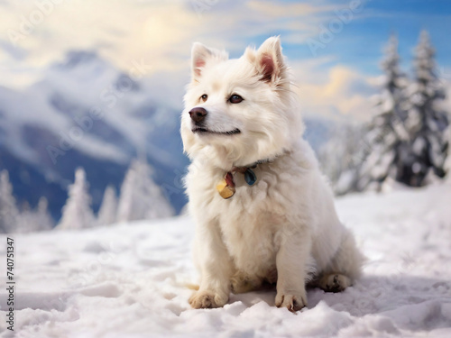 GENERATIVE AI  White snow dog with beautiful snow background