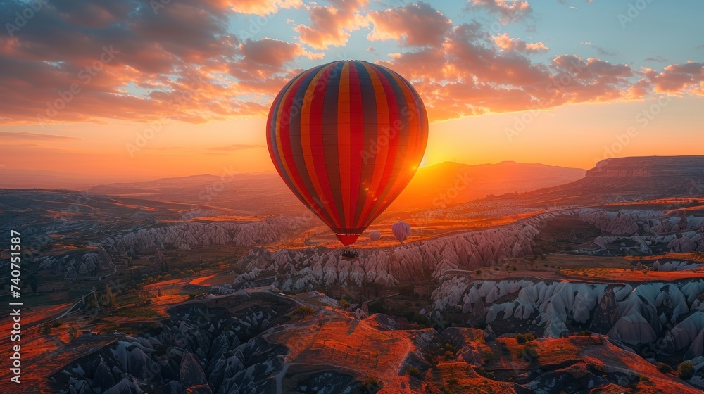 Obraz premium Aerial view amazing sunrise landscape in Cappadocia with colorful hot air balloon fly in sky over deep canyons