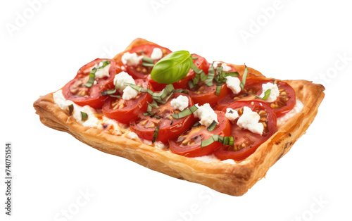 Delicious Pizza With Tomatoes, Cheese, and Basil. A mouthwatering piece of pizza topped with fresh tomatoes, melted cheese, and fragrant basil leaves. on White or PNG Transparent Background.