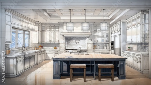 Beautiful Custom Kitchen Design Drawing and Brushed In Photo Combination
