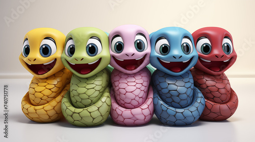 cartoon five colors snakes withe smile face on white background  