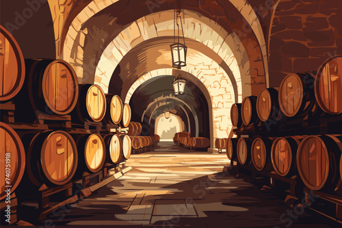 Cellar with wood barrels for wine  whiskey  rum or cognac . Cask from oak wood in storage of distillery or winery. Vector illustration