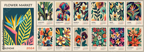 Floral calendar template for 2024 . Vertical design with abstract flowers. Vector illustration page template A3, A2 for printable wall monthly calendar. Week starts on Sunday.