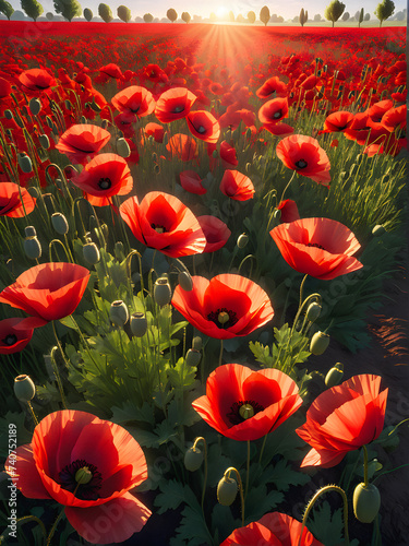 Morning Glow: Field of Red Poppies Bathed in Sunlight, A Picturesque Spectacle. generative AI