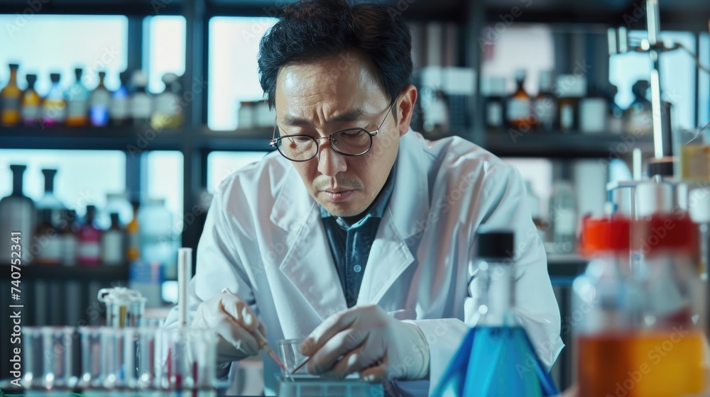 middle aged Korean man wearing lab coat doing experiments middle aged Korean man wearing lab coat doing experiments