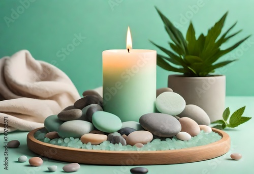 a small plant pot with candle and stones