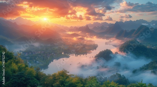 Fotografia Aerial view of Guilin mountain landscape at sunrise with low clouds over the val
