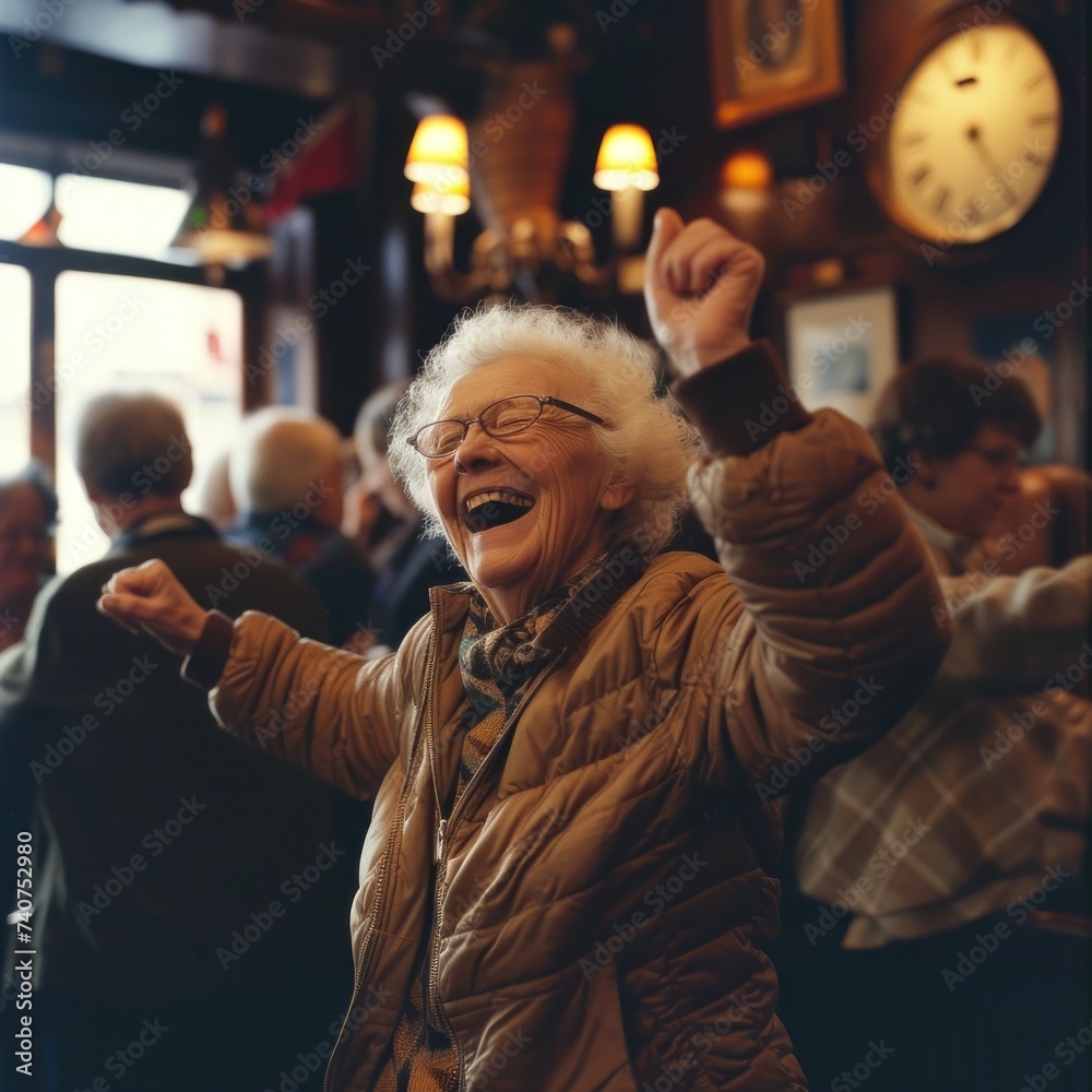 Street style photo of cheerful active old woman is dancing and having fun in pub
