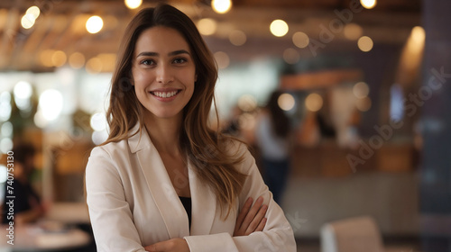 Smiling Professional Woman Emphasized in a Diverse Business Environment, Job Interview Scene, Out of Focus Colleagues Crossing Arms, Corporate Atmosphere, Desaturated Background, Focus on Featured Wom
