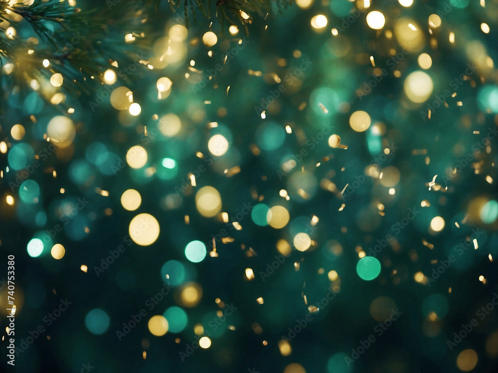 Abstract background with Christmas Golden light shiny sequence bokeh flowing through air on a dark green background Festive Holiday concept