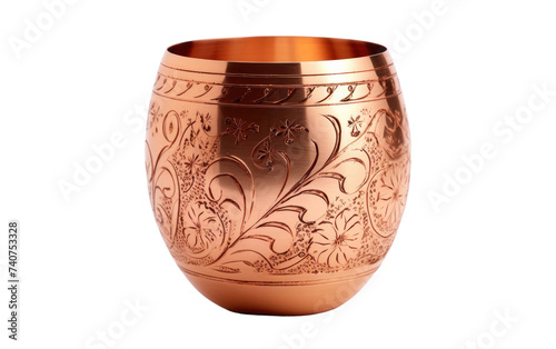 Metal Cup With Floral Design. A metal cup with a decorative floral pattern design on its surface, adding a touch of elegance to any occasion. on White or PNG Transparent Background.