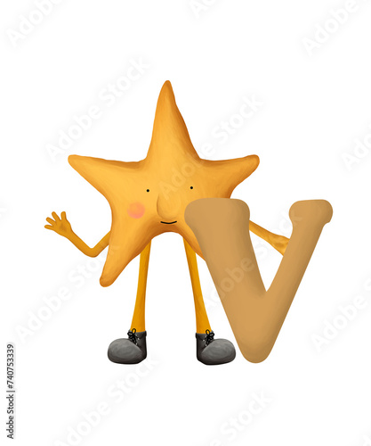 Bright cartoon alphabet. Cute and funny star with letter V. Illustration for kids on white background