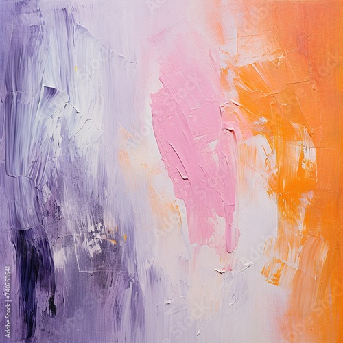 Energetic abstract painting with dynamic pink, orange, and purple brush strokes on canvas