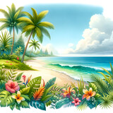 Tropical Beach Sunset Flowers Illustration 