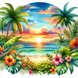 Tropical Beach Sunset Flowers Illustration 
