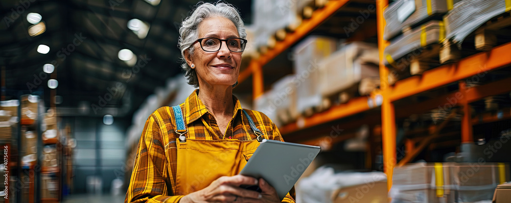 Mature Woman worker holds tablet in hand in warehouse. Cargo storage and delivery for efficient logistics solutions, Secure warehousing, swift delivery Mature Woman worker holds tablet in hand in warehouse. Cargo storage and delivery for efficient logistics solutions, Secure warehousing, swift delivery