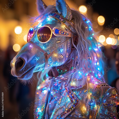 a mann dressed likee a horse in rave carnival party dancing with the peoplee --stylize 750 --v 6 Job ID: 8db3c259-90af-4b29-bf7e-4c17e9e89428 photo