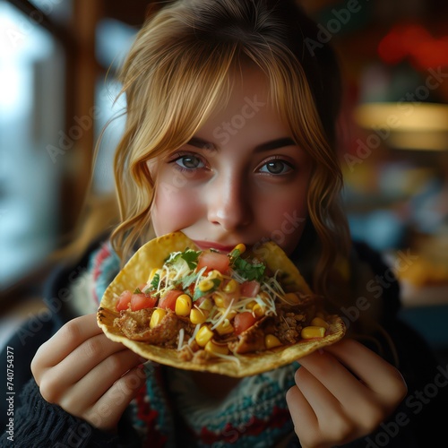 A young person eating a taco of meal 