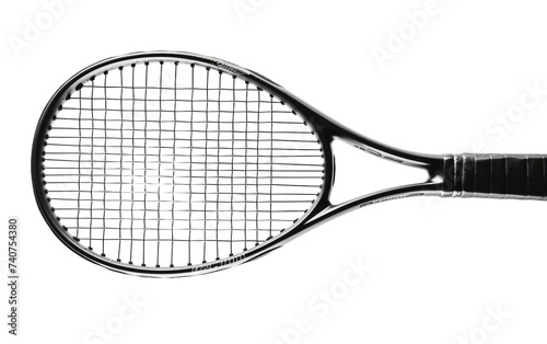 A Black and White Photo of a Tennis Racket. This photo captures a black and white image of a tennis racket. on White or PNG Transparent Background.