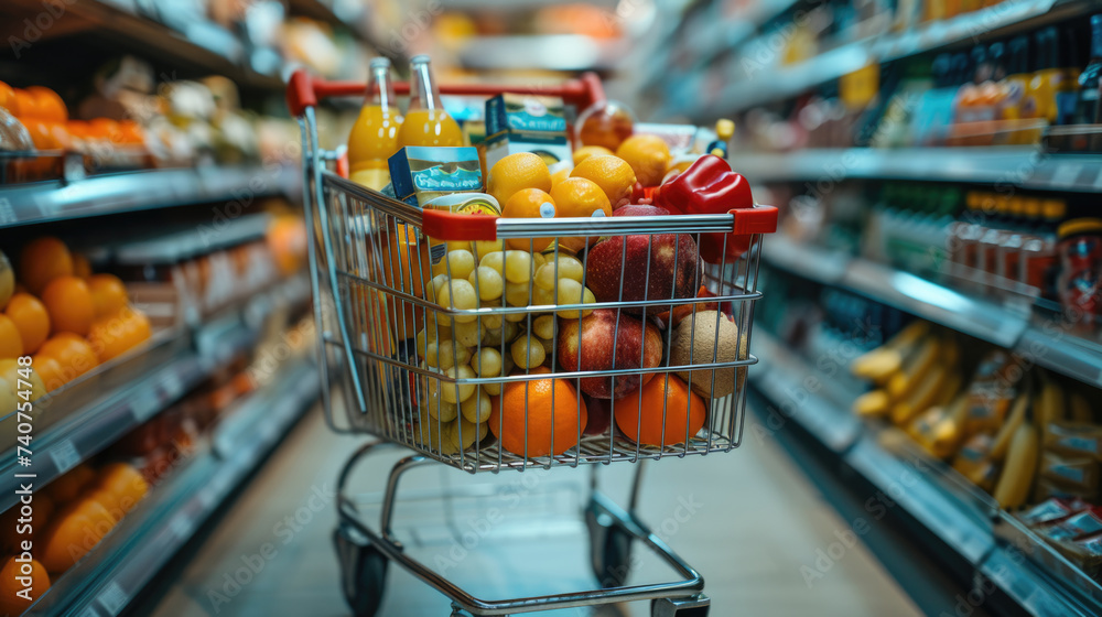 Shopping cart overflows with a variety of fresh vegetables in a bustling grocery store, organic produce and packaged goods, nutrition, shopping, cooking, fresh produce, dietary wellness in supermarket - obrazy, fototapety, plakaty 