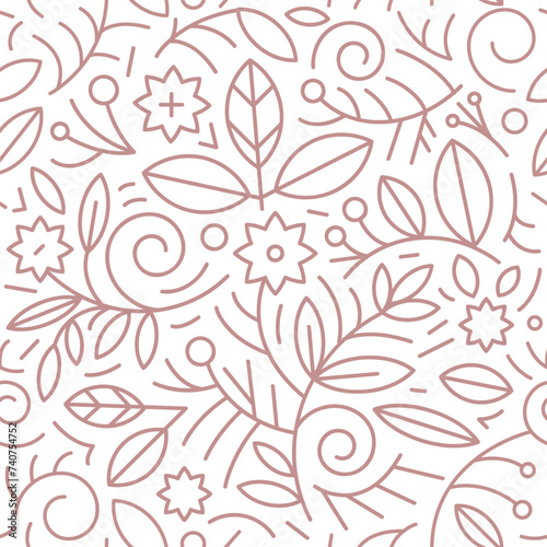 Vector seamless line nature pattern. Flowers, swirls organic package design, summer herbal template. Leaves minimal style ornament