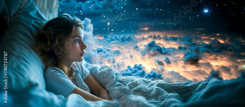 une jeune femme allongée dans son lit, les yeux ouvert, au milieu des nuages photo