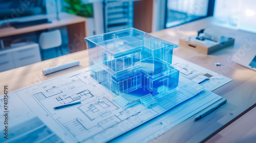 modèle 3D qui apparait en réalité augmentée sur une table d'architecte