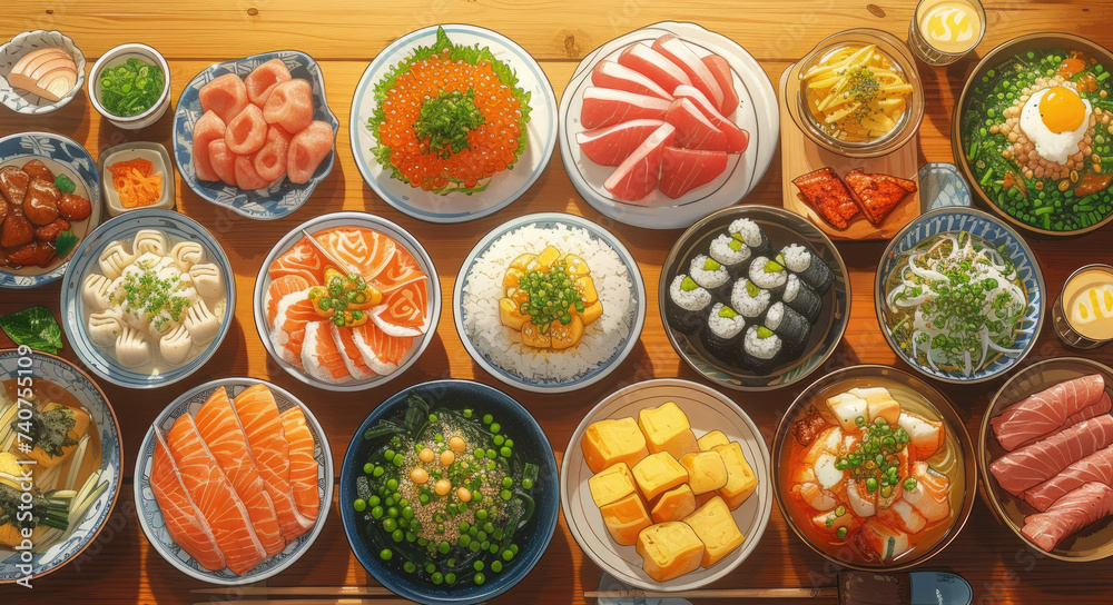 Top view with variety of traditional Japanese food in anime style. Banner, background with Asian dishes Top view with variety of traditional Japanese food in anime style. Banner, background with Asian dishes
