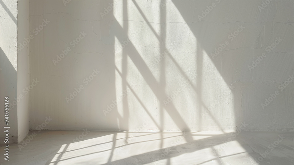 Obraz premium Trace of Tranquility: Monotone Light Rays and Shadows on a White Wall