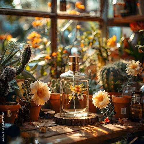 bottle of perfume sitting next to a cactus, maximalism