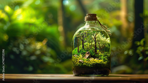 Magical Forest in a Bottle: Surreal Terrarium. Miniature Forest Encased in a Bottle. Capturing Nature's Magic. Surreal Forest Bottled Up