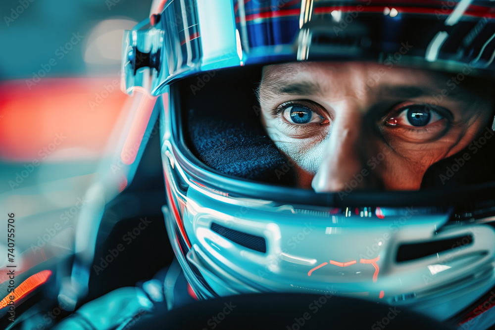 Close up of a racer wearing helmet during night race competition. Generative AI Close up of a racer wearing helmet during night race competition. Generative AI