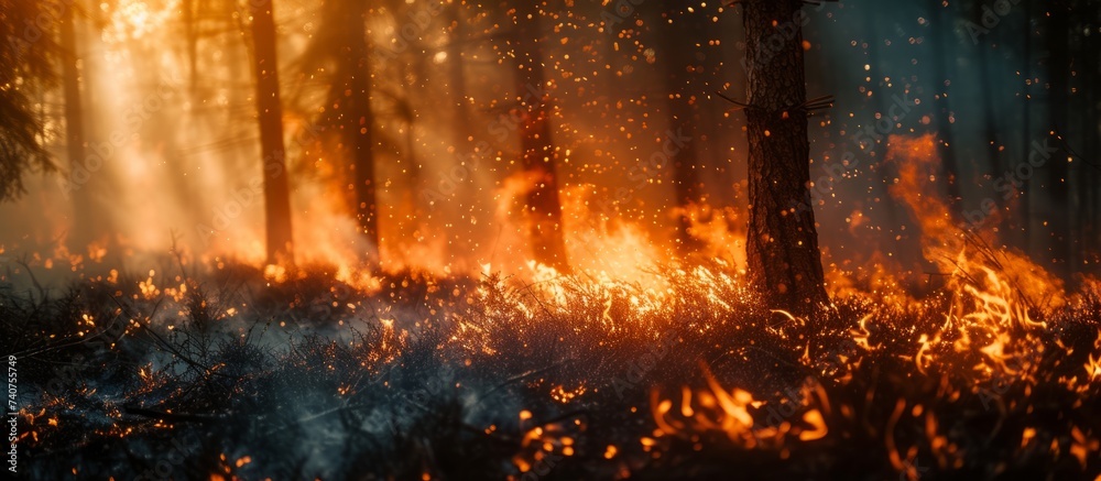 Intense forest fire burning fiercely in the dark night, spreading destruction and chaos Intense forest fire burning fiercely in the dark night, spreading destruction and chaos