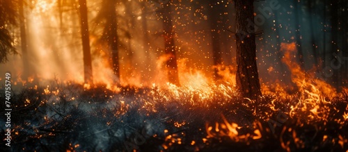 Intense forest fire burning fiercely in the dark night  spreading destruction and chaos