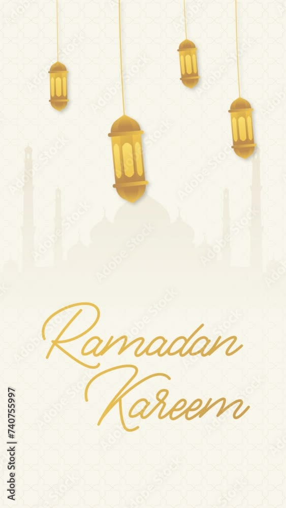 Ramadan Kareem greeting design islamic animated text and lantern with mosque islamic pattern background for social media post