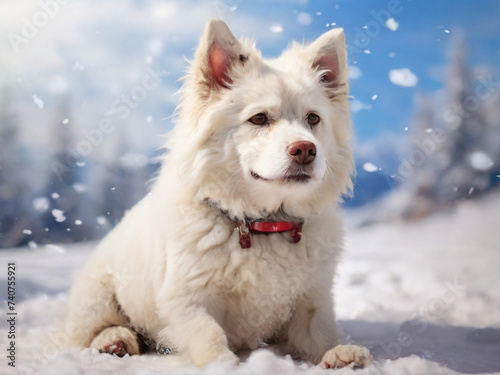 GENERATIVE AI, White snow dog with beautiful snow background © Akang