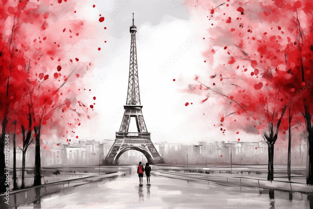 Eiffel's Embrace in Red: A Parisian Landmark Reimagined