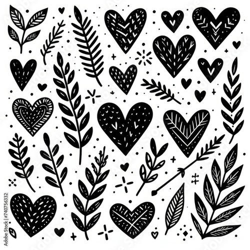 Hand drawn black hearts set pattern isolated on white background