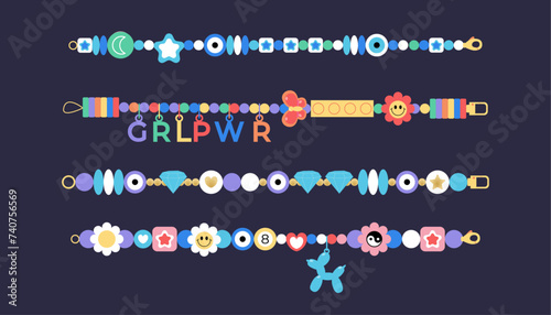 Flat jewelry collection of wristband beaded bangle. Unity handmade bracelets with flower, butterfly, diamante, star jewels in 90s. Vector photo