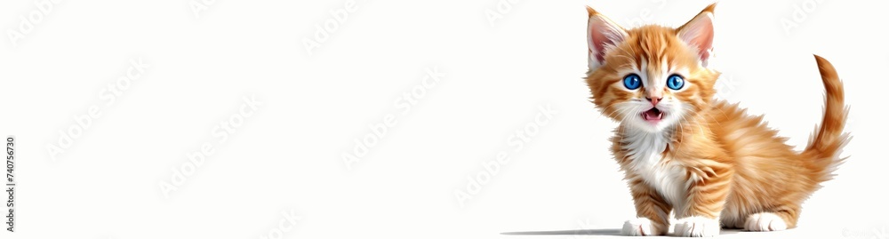Cute fluffy ginger kitten with blue eyes on a white background. Banner for advertising of pet products with copy space.generative AI Cute fluffy ginger kitten with blue eyes on a white background. Banner for advertising of pet products with copy space.generative AI