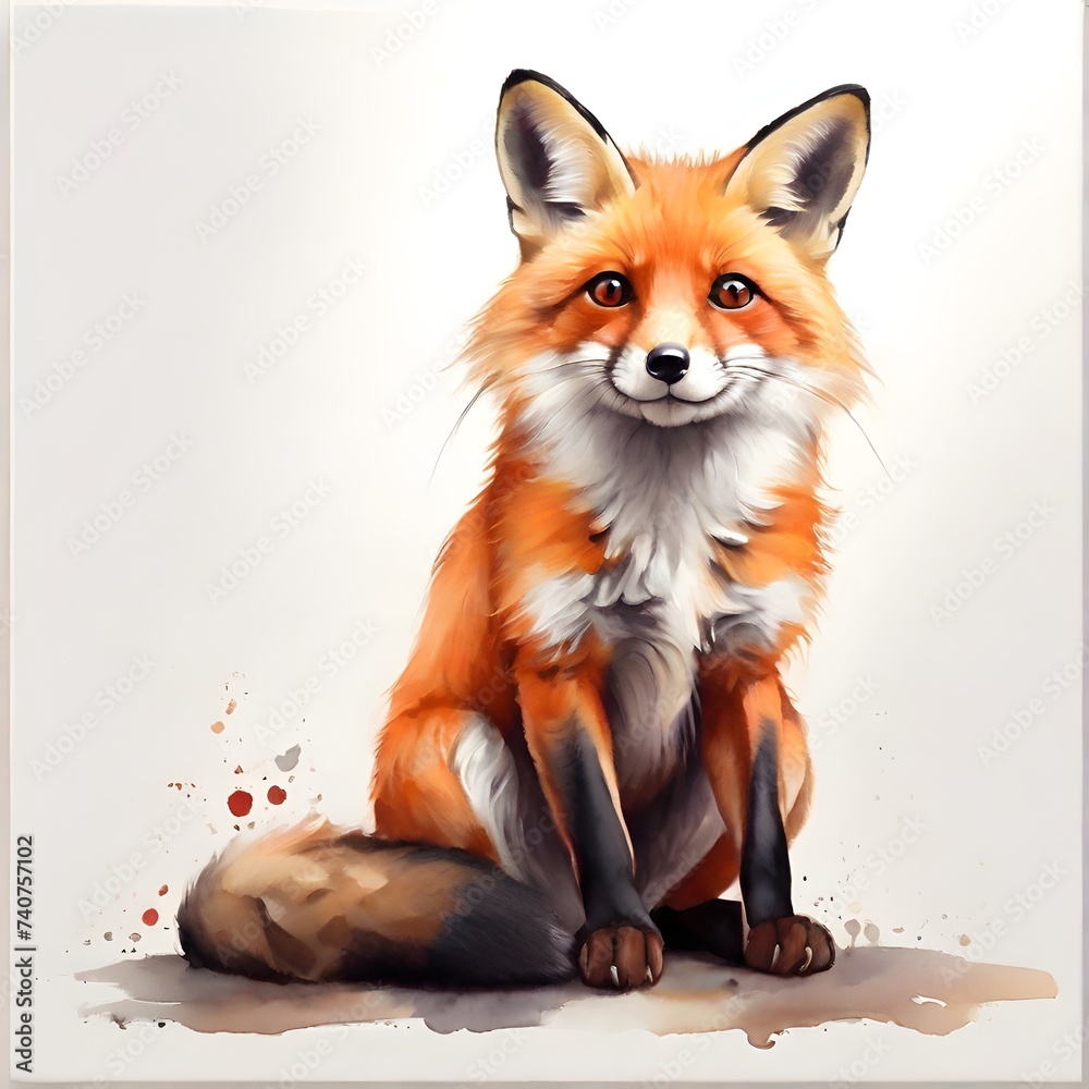 A cute painting of a sitting red fox. Generative AI A cute painting of a sitting red fox. Generative AI