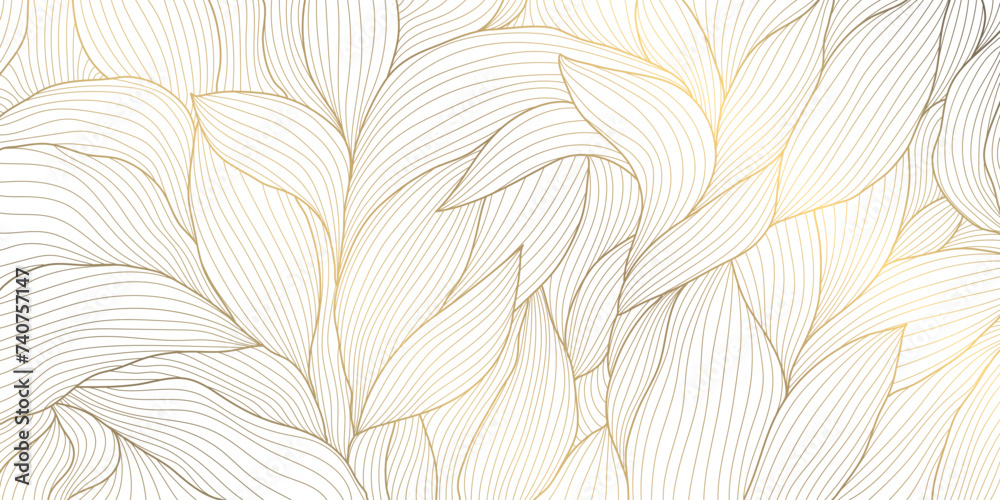 Vector gold leaves on white texture, luxury abstract plant background, line drawn foliage. Vintage elegant nature illustration. - obrazy, fototapety, plakaty 