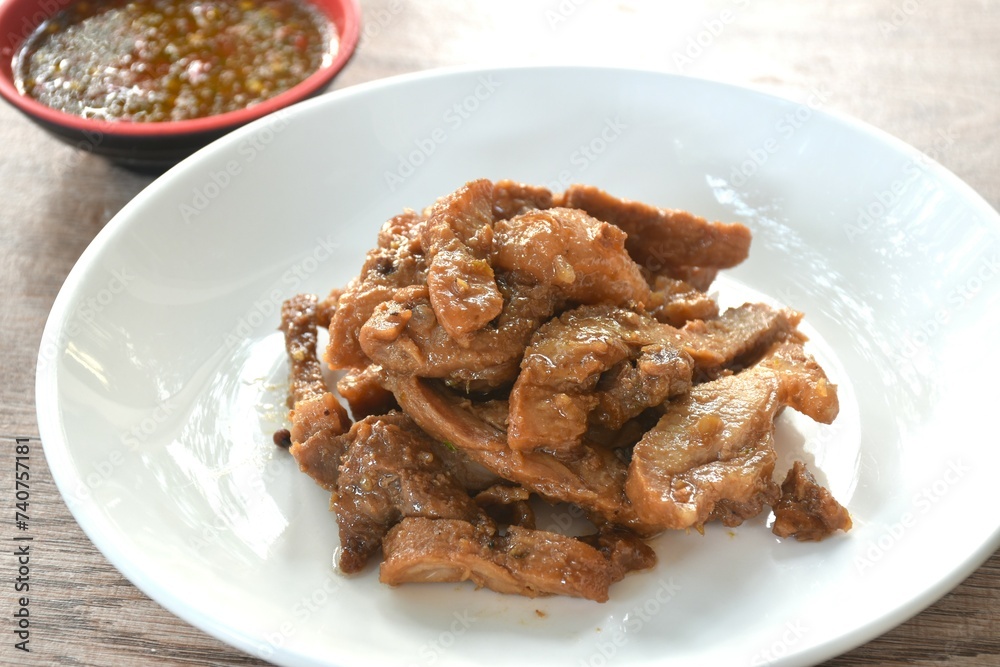 steamed slice sweet pork on plate dipping spicy chili sauce steamed slice sweet pork on plate dipping spicy chili sauce