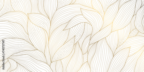 Vector gold leaves on white texture, luxury abstract plant background, line drawn foliage. Vintage elegant nature illustration. #740757147