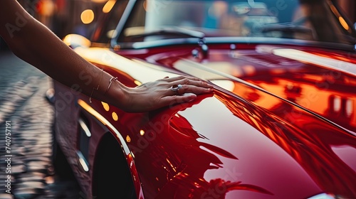 Female hand on a luxurious red sports car, caressing, expressing elegance, desire, and the thrill of automotive luxury © Anna Zhuk