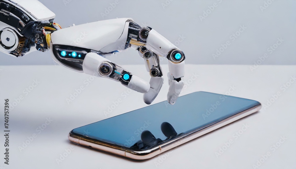 Robotic hand gently cradling a smartphone displaying AI, symbolizing tech support Robotic hand gently cradling a smartphone displaying AI, symbolizing tech support