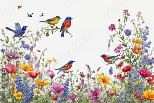 Color Hand drawn blooming flowers, butterflies, birds on blank background. Color floral composition in vintage style. Generative Ai © SOLOTU
