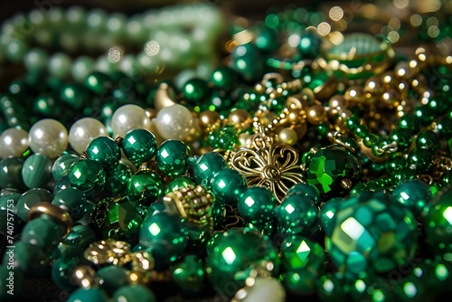 A pile of green bead necklaces blending the St Patricks Day spirit with Mardi Gras. Concept St Patrick's Day, Mardi Gras, Green Bead Necklaces, Festive Accessories, Holiday Celebration